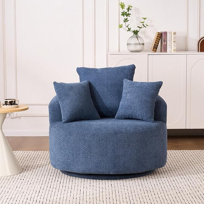 40” Blue Round Swivel Chair with 3 Pillows &amp Thick Cushion Oversized 360° Swivel Accent Chair Modern Boucle Armchair for Nursery Living Room Bedroom Club