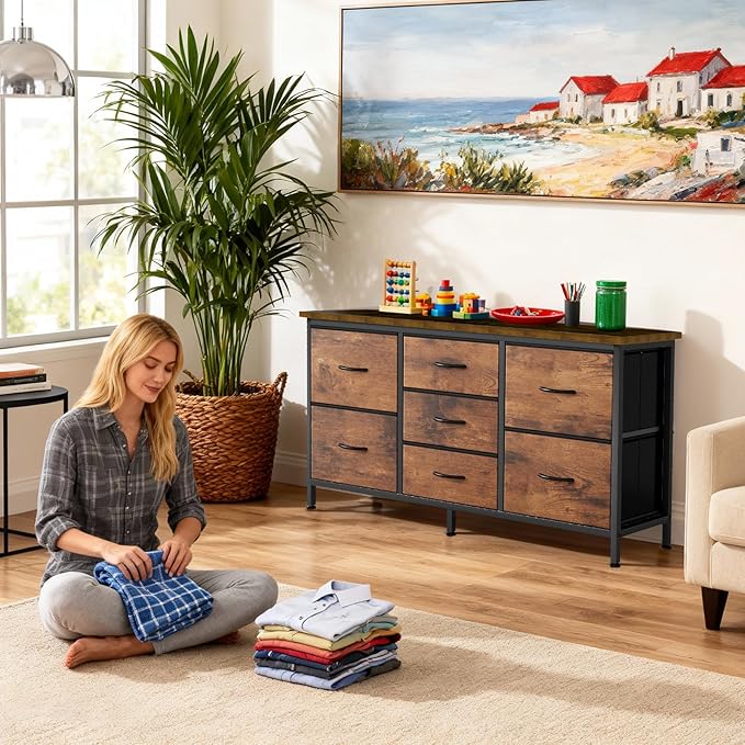 DUMOS TV Stand 7 Drawer Dresser for Bedroom with Storage TV Stands for Living Room Grey Farmhouse Entertainment Center Media Console Table with Metal Frame Adjustable Feet