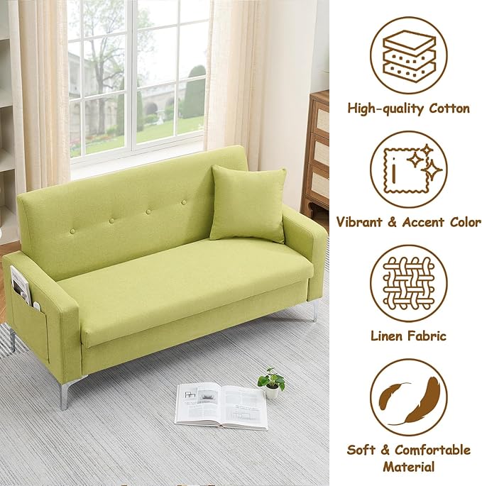57 Green Loveseat Sofa with Storage Modern Love Seat Couches with Comfy Pillow &amp Side Pocket/Metal Legs Cozy Small Sofas for Small Spaces Living Room Bedroom Office Dorm (Blue) (Green)