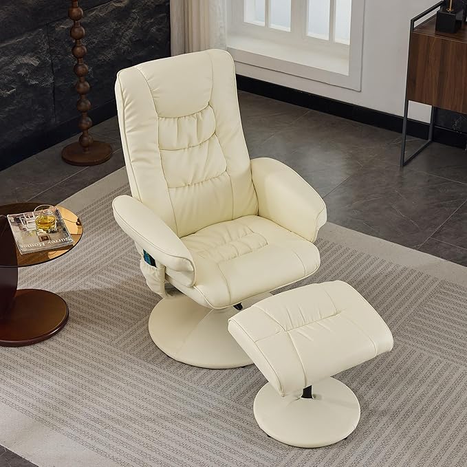 Merax Recliner Chair with Ottoman - 360° Swivel Massage Lounge Chair with 5-Point Vibration &amp Heated Seat 140° Adjustable PU Leather Recliner for Living Room Home Theater or Office Beige