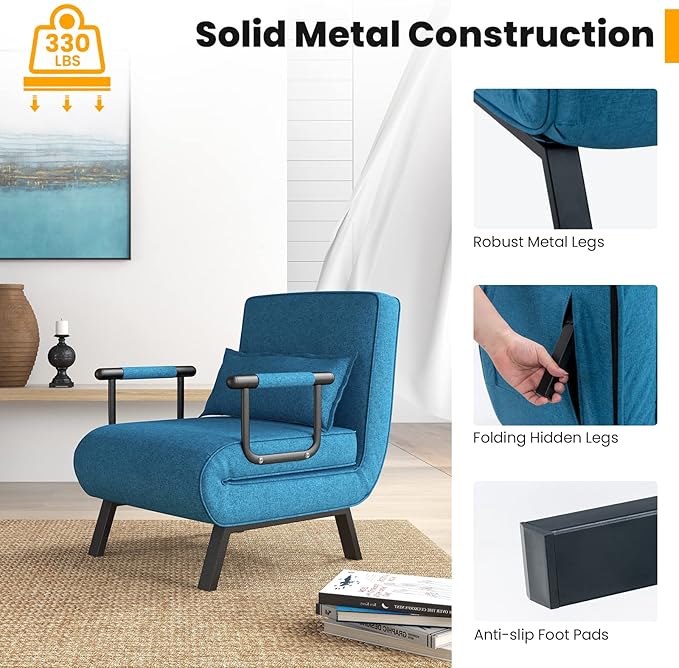 S AFSTAR 4 in 1 Convertible Sofa Bed Sleeper Chair Folding Sofa Arm Chair with Pillow and 6 Position Adjustable Backrest Full Padded Lounger Couch Bed for Home/Office (Blue)