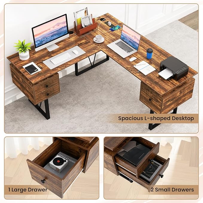Tangkula 59 L-Shaped Office Desk with 3 Drawers &amp Charging Station Corner Computer Desk with Sturdy Metal Frame Industrial Home Office Computer Workstation for Working Studying (Rustic Brown)