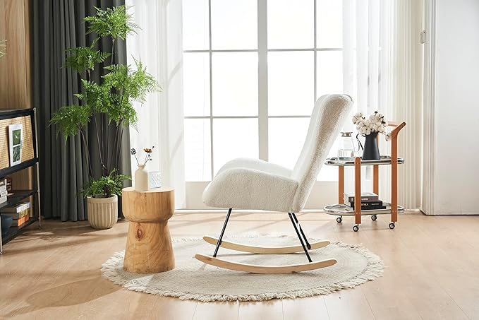 Rocking Chair Nursery Solid Wood Legs Reading Chair with Fabric Upholstered Nap Armchair for Living Rooms Bedrooms Offices Best GiftWhite Fabric