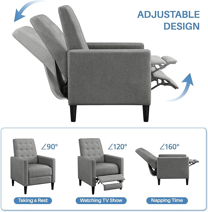 Yaheetech Fabric Recliner Chair Mid-Century Modern Recliner Adjustable Single Recliner Sofa with Thicker Seat Cushion Tufted Upholstered Sofa with Pocket Spring for Living Room Bedroom Gray Set of 2
