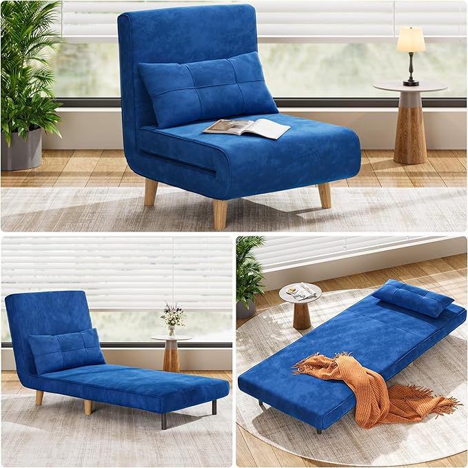 Aiho 3 in 1 Sleeper Chair Convertible Futon Chair Bed Velvet Sofa Bed with Adjustable Backrest Living Room Chair for Apartment/Bedroom/Guest Room Blue