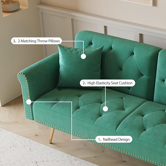69.7'' Convertible Velvet Sleeper Sofa Bed Upholstered Futon Couch with Nail Head Trim and 2 Matching Throw Pillow for Living Room Bedroom Home Office (Green)