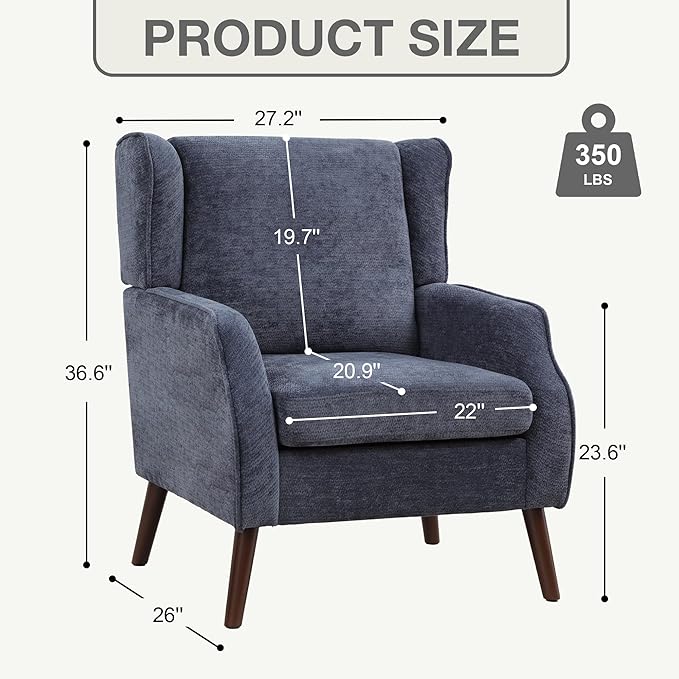 Accent Chair for Living RoomMid Century Modern Wingback Chair for BedroomUpholstered Armchair with Lounge Seat and Wood Legs for Office Apartment Small Room 1PCS Blue