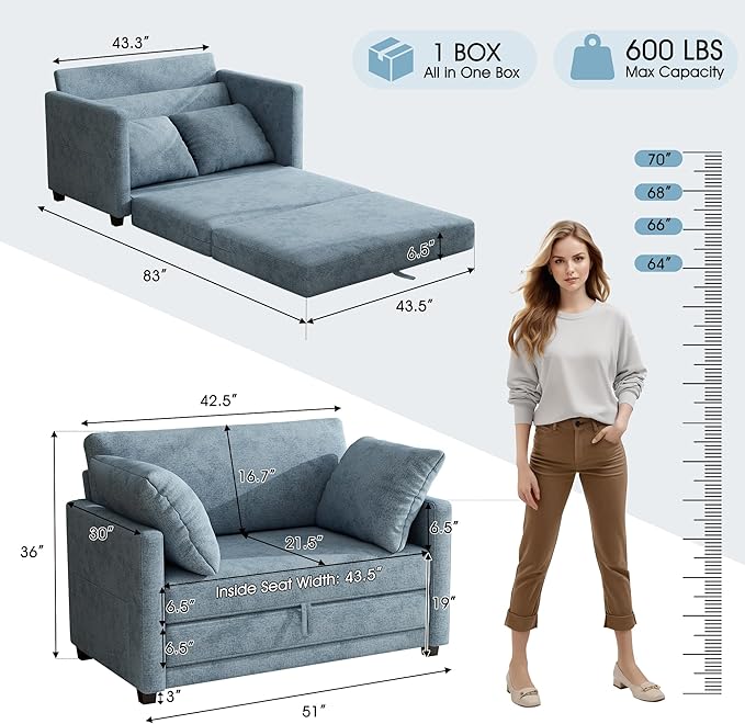 51 Loveseat Sleeper Sofa Bed Chenille Convertible Floor Sofa Bed for Small Spaces Folding Couch Bed with Deep Seat 2 Pillows &amp Solid Frame Pull Out Couch for Living Room Light Blue