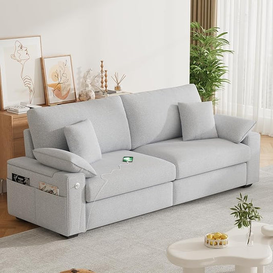 89 Modern Sofas for Living Room Comfy Sofa with Deep Seat Couch USB/Type-C Port Side Storage Removable Cover Couches for Living Room Apartment Light Grey