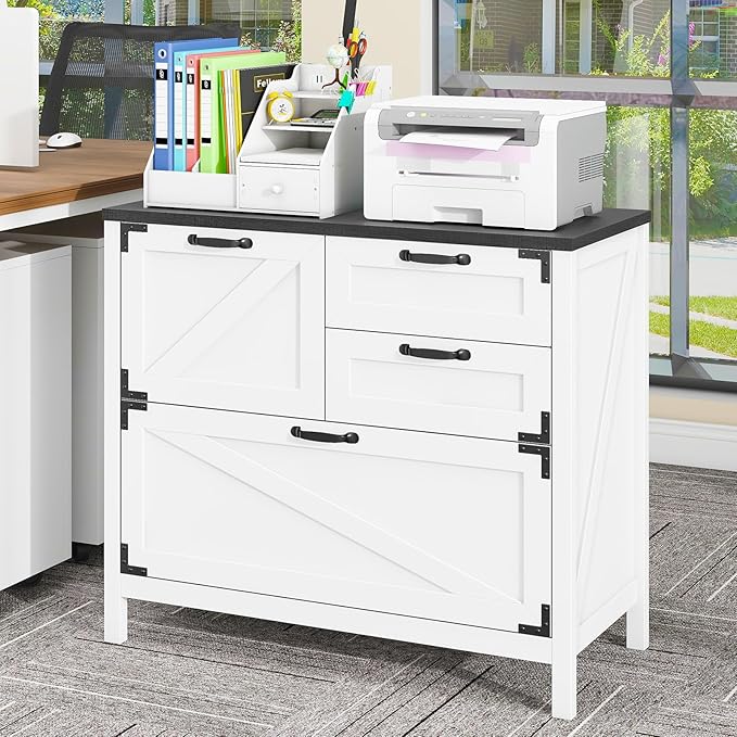 Lateral File Cabinet with 4 Drawers Farmhouse File Cabinet for Letter/Legal/A4 Size Hanging Files Large Wood File Storage Cabinets Printer Stand for Home Office Cabinet White and Black