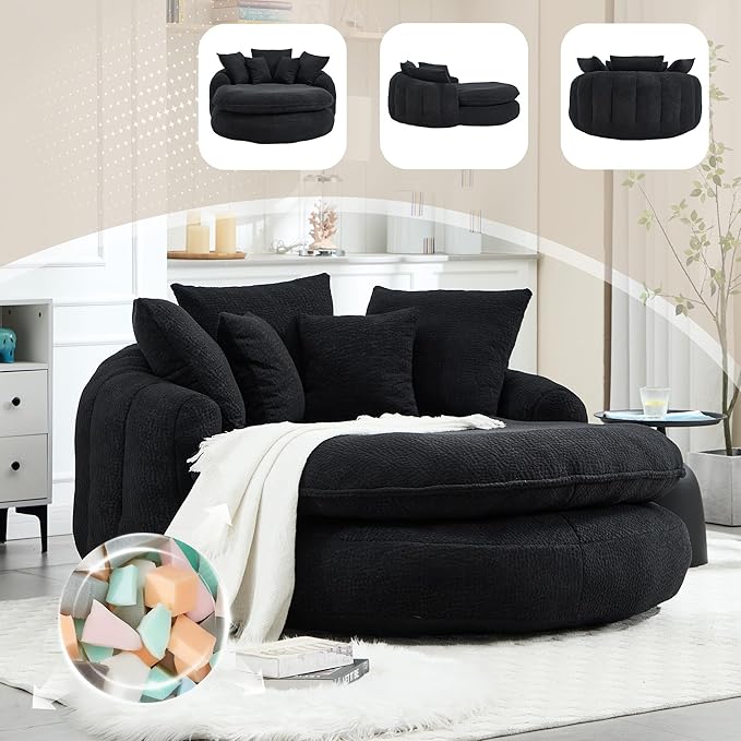 KEIKI 71 Chenille Round Boneless Sofa Couch Oversized Chaise Lounge Chair Couches Indoor No Assembly Required Floor Lazy Bean Bag Modern Sleeper Sofa Bed for Living Guest Room &amp Bedroom Black