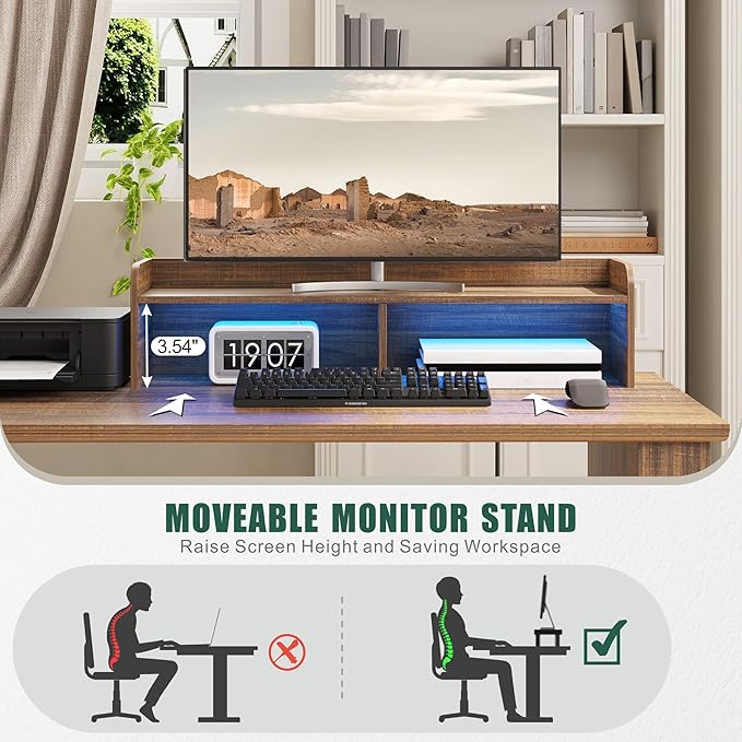 Executive L Shaped Desk with Monitor Stand 59 inch Farmhouse Corner Computer Desk with Power Outlets &amp LED Lights Home Office Desk with File Cabinet for Working Gaming Writing Dark Walnut