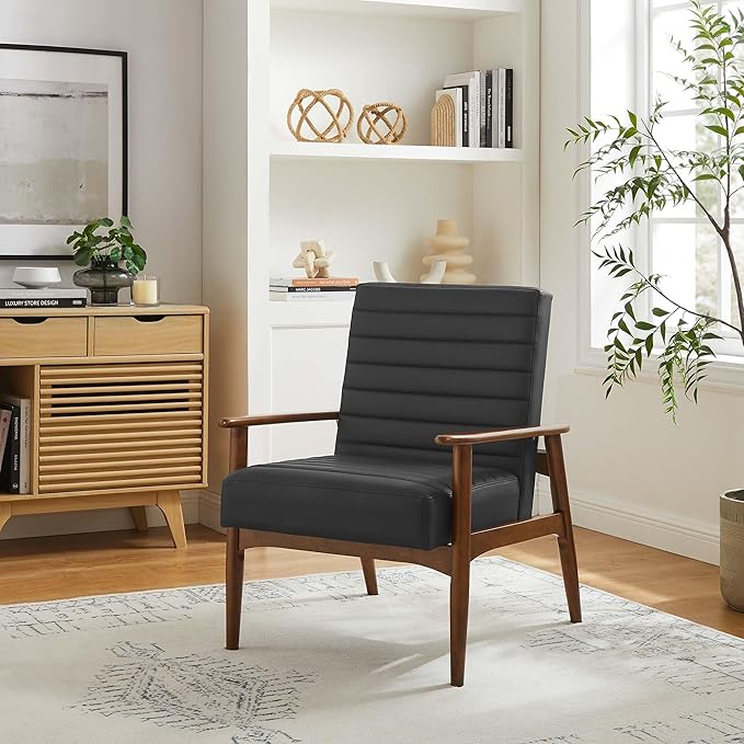 Modway Jensen Vegan Leather Accent Chair in Walnut Black - Mid-Century Modern Armchair with Solid Wood Legs &amp Armrest - Upholstered Faux Leather Single Side Chair - Reading Chair for Living Room