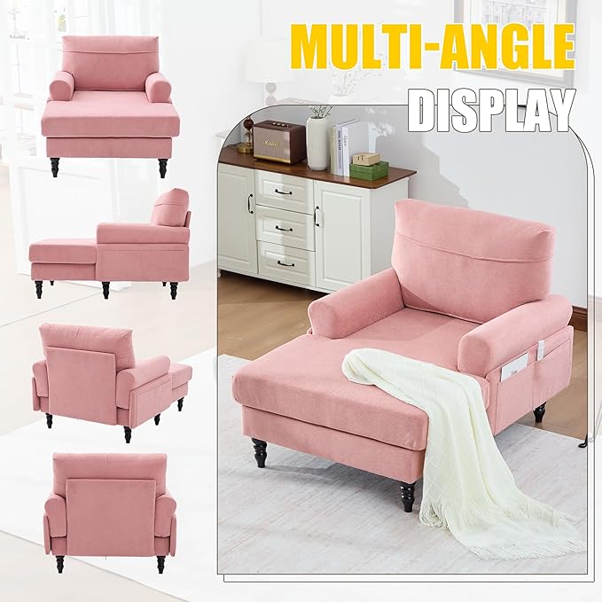 KEIKI Chaise Lounge Chair Indoor Oversized Accent Chenille Armchair with Storage Leisure Sleeper Single Sofa Side Chair Corner Recliner Arm Chairs for Living Room Reading Easy Assembly Pink