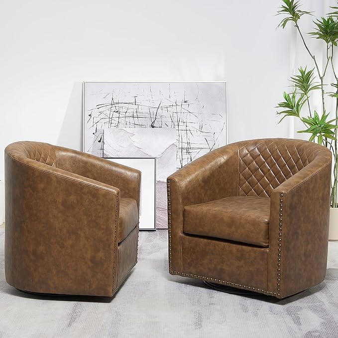 KINWELL 29 Wide Tufted Faux Leather Swivel Barrel Chair Set of 2 PU Leather Modern Upholstered Accent Chairs with Nailhead Trim Small Armchair for Living Room Bedroom Coffee