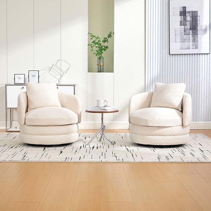 360° Small Swivel Accent Chair Round Swivel Barrel Chair with Round Backrest &amp Wide Seat Comfy Chenille Barrel Chairs for Living Room Bedroom Easy 15-Min Assembly Boucle (Beige)
