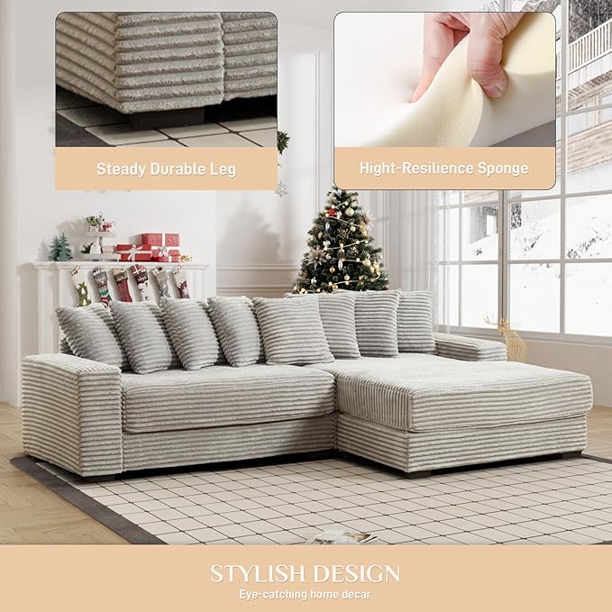 Modular Sectional Sofa with Oversized Chaise 111 L Shaped Sectional Couches Solid Wood Frame Corduroy Sofas for Living Room - Grey Right Facing Chaise