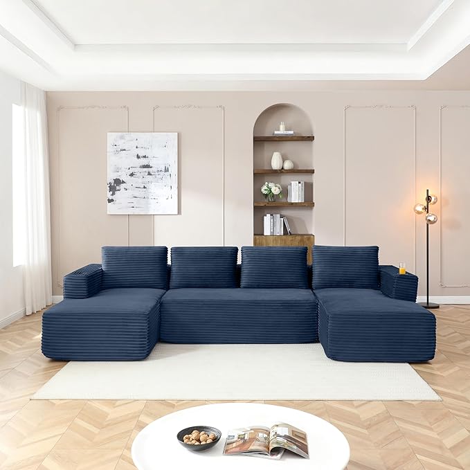 132” Oversized Modular Sectional Sofa Modern Comfy Corduroy U Shaped Couch with Cup Holders Boneless Compressed Memory Foam Cloud Couch for Living Room Office No Assembly Requiredm Blue