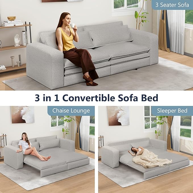93 King Size Sofa Bed 3 in 1 Convertible Pull Out Couch Loveseat Sleeper Comfy Upholstered Teddy Sofa 3 Seater Chaise Lounge with 2 Pillows Modern Couch Bed for Living Room Grey