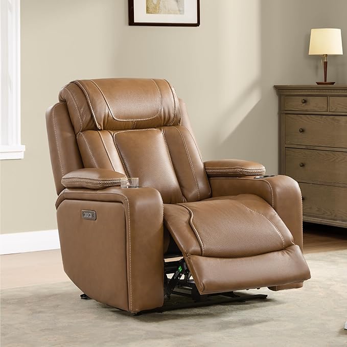 Watson &amp Whitely Genuine Leather Electric Recliner Chairs Oversized Super Zero Gravity Recliner Triple-Motor W Adjustable Lumbar Headrest Support &amp Hidden Storage Saddle Brown