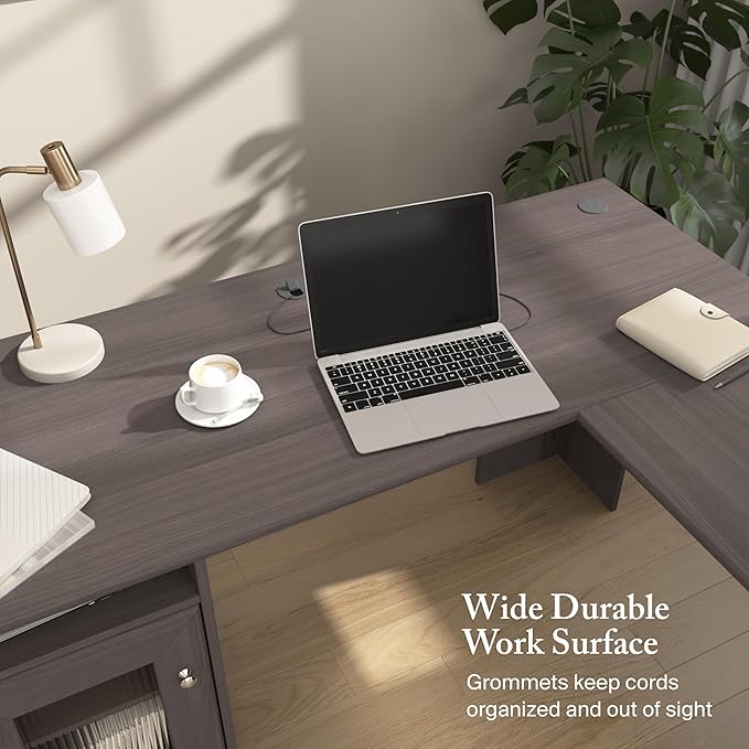Bush Home Cabot 60W L Shaped Computer Desk with Storage in Heather Gray 60-inch Corner Table with Drawers for Home Office Workspace