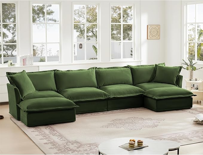 Aoowow Oversized Modular Sectional Sofa156.6” U-shaped Comfy 4-Seat Sofa Couch with Movable Ottoman Upholstered Deep Seat Couches with Big Toss Pillows for Living Room Apartment OfficeGreen-Chenille
