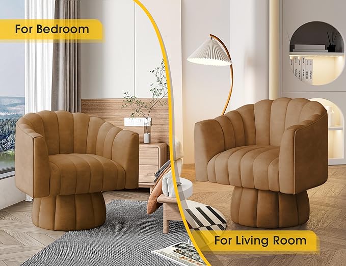 Modern 360 Degree Leather Swivel Cuddle Barrel Accent Sofa Chairs Round Armchairs with Wide Upholstered Leather Reading Chair for Living Room Bedroom Office Waiting Rooms (Brown)