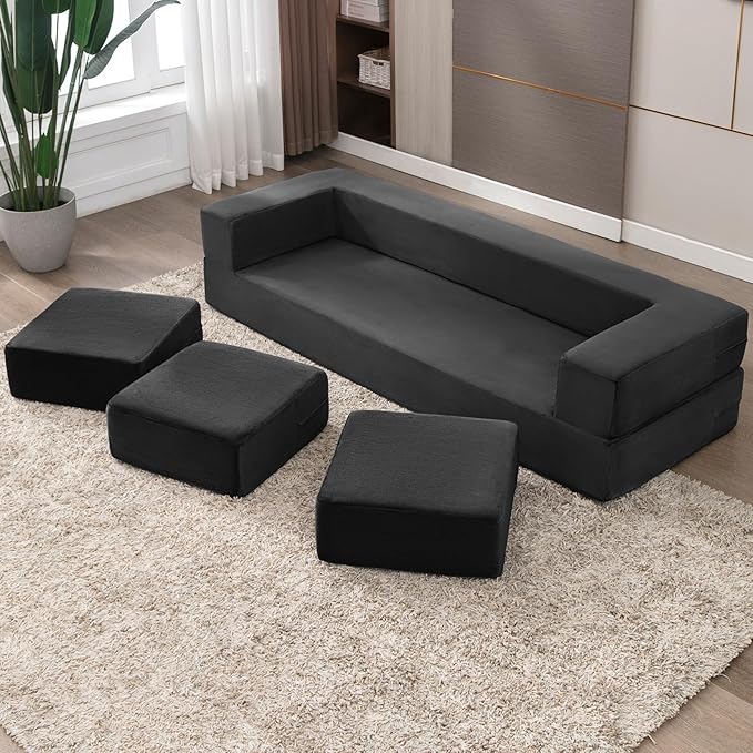 CECER 80 Convertible Floor Sofa BedFolding Sofa Bed with 3 OttomansVelvet Modular Sectional Futon SleeperFoldable Memory Foam Couch for Living Room/Guest Room/Playroom（Dark Grey）