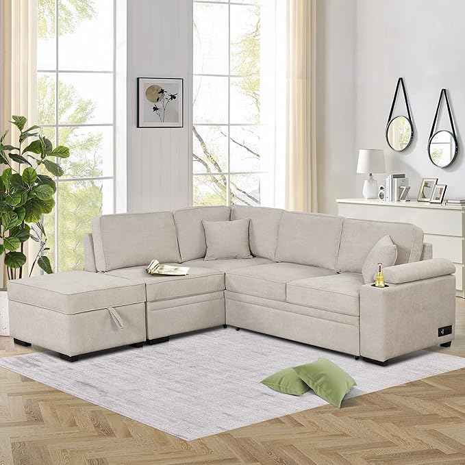 Linen L-shape Reversible Sleeper Sectional Sofa Couch with Storage Ottoman 2 in 1 Pull Out Convertible Sofa Bed with Cup Holders and USB Charging Port for Living Room Apartment Office (Beige-LI)