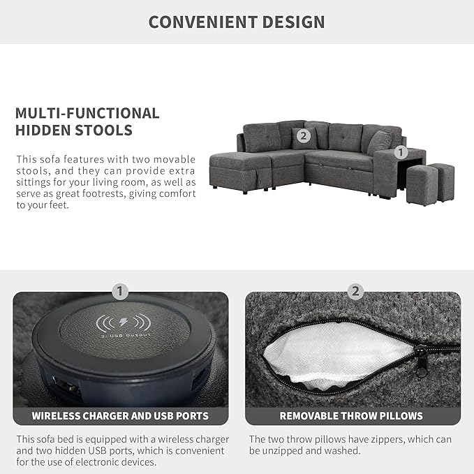 Upholstered L-Shaped Convertible Corner Sofa Couch with 2 Stools and 2 Throw Pillows Chenille Sectional Pull Out Sofa Bed with Storage Ottoman and 2 Hidden USB Ports for Living Room (Dark Grey-5)