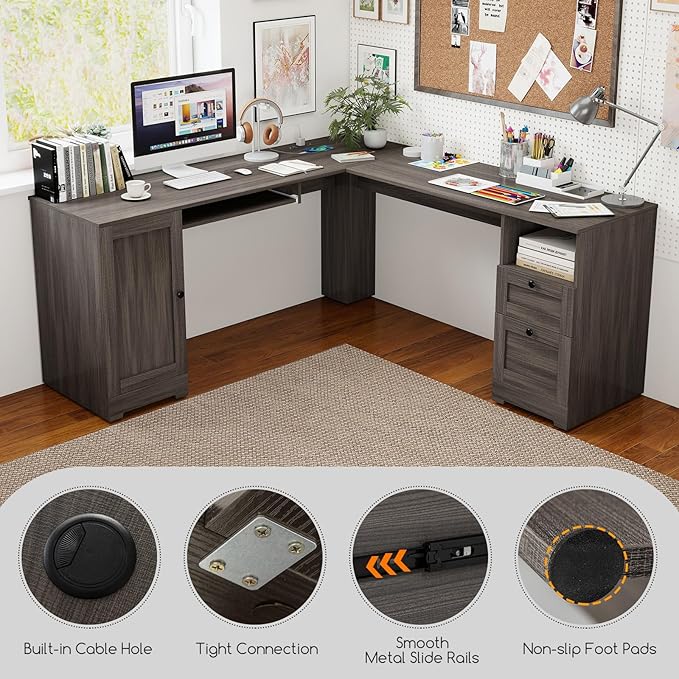 Tangkula 66” x 66” L-Shaped Office Desk with Power Outlets Modern Home Office Computer Desk with 2 Drawers Cabinet Adjustable Shelf &amp Keyboard Tray Corner Executive Desk for Working Writing
