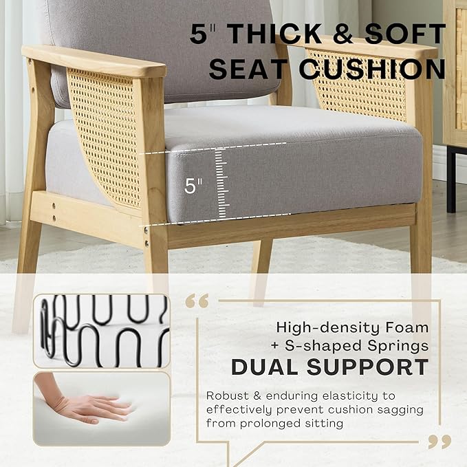 Mid-Century Accent Chair Set of 2 Modern Rattan Armchair Linen Lounge Chair with Wood Legs Upholstered Leisure Chair for Living Room Bedroom Reception Room Grey