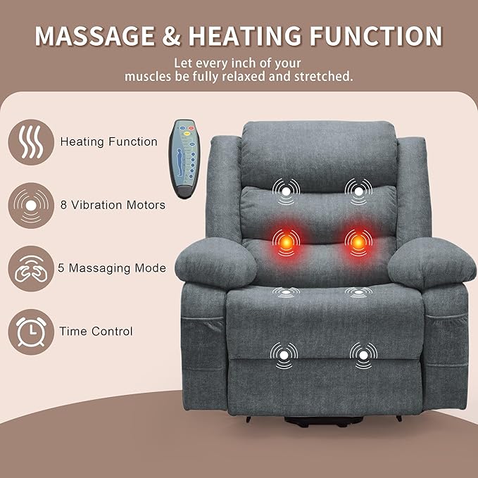 Oversized Power Lift Recliner for Elderly Electric Recliner Chairs with Massage and Heat Extra Wide Recliner with Side Pockets Reclining Chair for Living Room (Imitation Cashmere Grey)