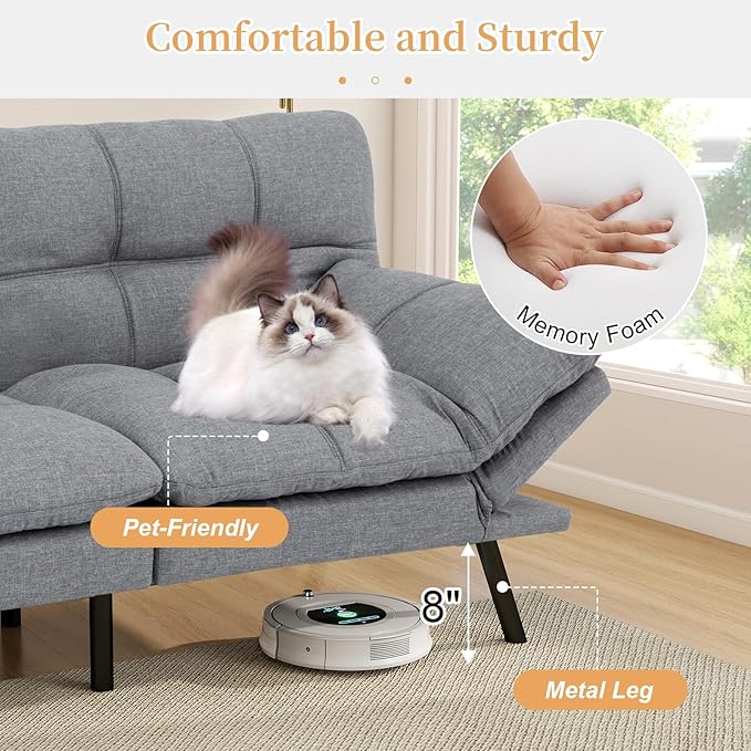 Opoiar Futon Sofa Bed Modern Memory Foam Sleeper Sofa Convertible Couch Adjustable Armrest&ampBackrest Leather Futon for Living SpaceApartmentOffice Sofabed