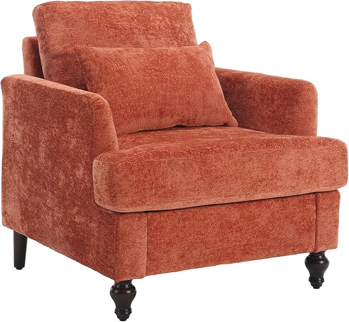 Modern Accent Chair 29'' W Comfy Chenille Tufted Lounge Armchair for Living Room Upholstered Mid Century Reading Nook Chairs Single Sofa Chair Solid Wood Frame (Orange)