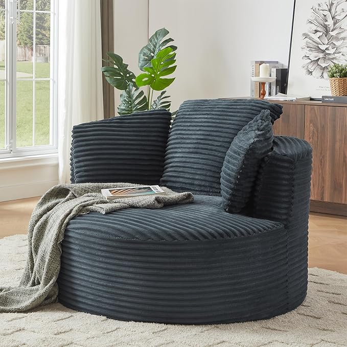 Oversized Round Chair 48W Corduroy Comfy Circle Armchair with Deep Seat &amp 3 Pillows Upholstered Floor Boneless Chair Fluffy Modern Cozy Sofa Chairs for Living Room Bedroom Apartment(Dark Gra