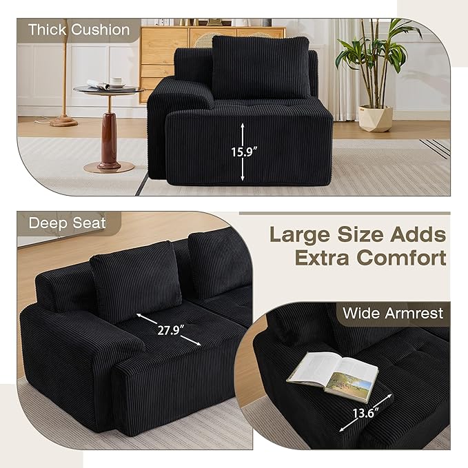 Modular Sectional Sofa Boneless Couches for Living Room Corduroy Couch Big Comfy Couch Modular Cloud Sofa with Deep Seat (Black 1 Piece-Left Armchair)