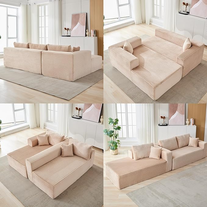 110” Cloud Sectional Couch Compressed Modular Sectional Sofa with Deep Seat Comfy Fluffy Boneless Couch with L-Shaped Chaise Minimalist Modular Sofa Sleeper for Living Room Beige