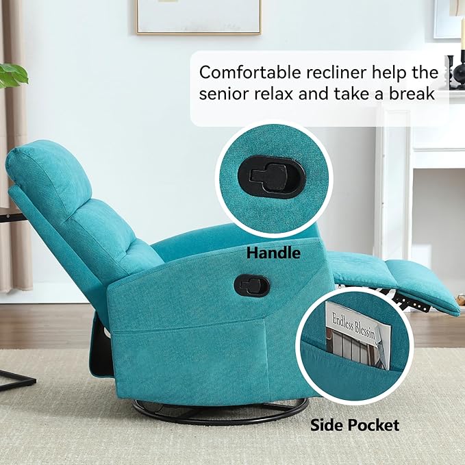 Slim Lazy Boy Recliners for for Adults Swivel Rocking Chair Recliner with High Back Small Recliner Chair for Small Spaces Manual Reclining Chair for Living Room Adjustable Footrest (Blue)