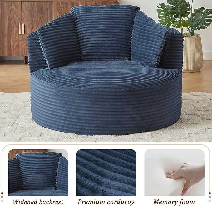 Round Chair Lounge Chaise Indoor 48.8 Oversized Sofa Chair Upholstered Corduroy Deep Seat Sleeper Sofa Bed No Assembly Required for Living Room Bedroom Apartment Blue