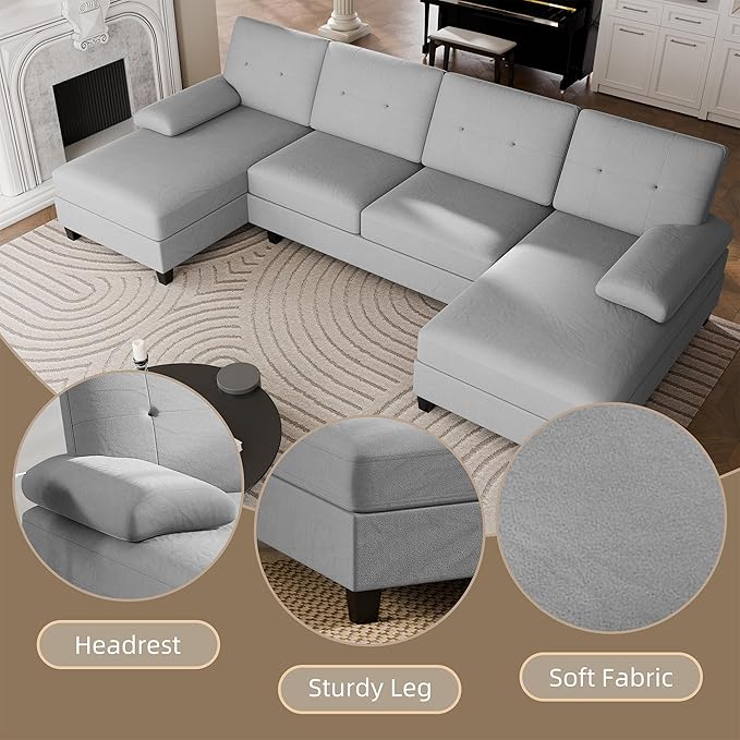 Nuturelly Nutually Sectional Couches for Living Room Convertible U-Shaped Sofa Couch with Double Chaise 4 Seat Sofa Set Modular Sofa Couch with Linen Fabric for Apartment Light Gray