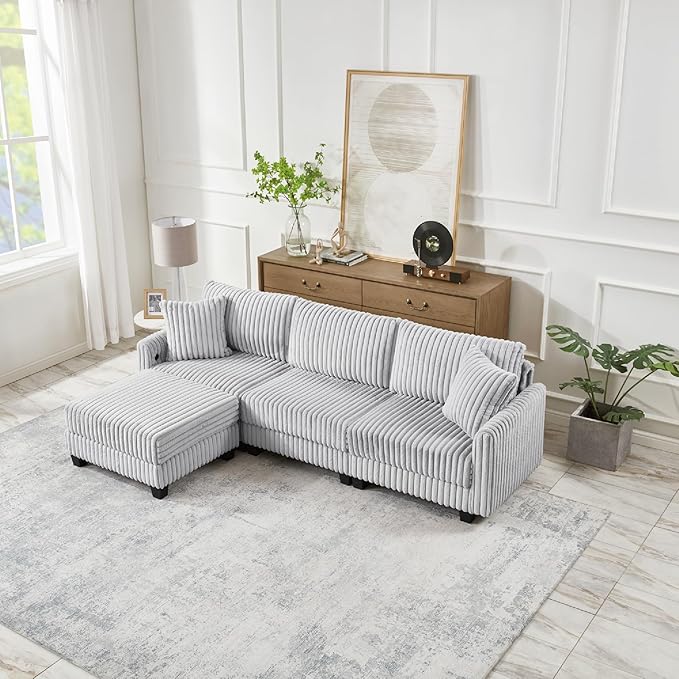 100 L Shaped Sectional Couches for Living Room Modular Sectional Sofa with Movable Ottoman Corduroy 4 Seat Couch with Built-in Charging Ports Light Grey | Movable Ottoman Soft Corduroy Feel USB