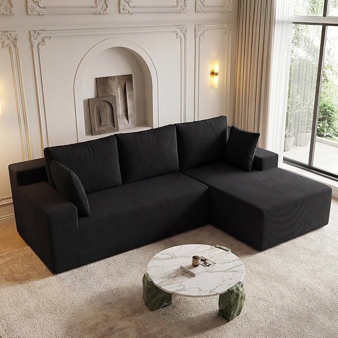 Cloud Sectional Boneless Couches for Living Room Modular L Shaped Couch with Deep Seat Oversized Right Facing Chaise Memory Foam Compressed Spineless Sofa for Bedroom Fine-Striped Black | Washable