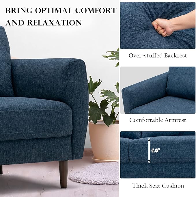 Giantex Loveseat and Armchair Set Upholstered 2-Seat Couch and Single Sofa with Solid Wood Frame Mid-Century Modern Furniture for Living Room Small Spaces Bedroom Apartment Reception Room Blue
