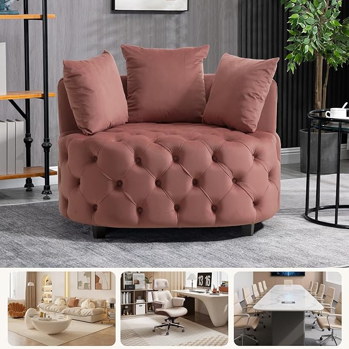 mikibama Oversized Accent Barrel Chair 40.6 W Velvet Upholstered Round Chair with Pillows Rubber Wood Legs Modern Lounge Reading Sofa Armchair for Living Room Bedroom
