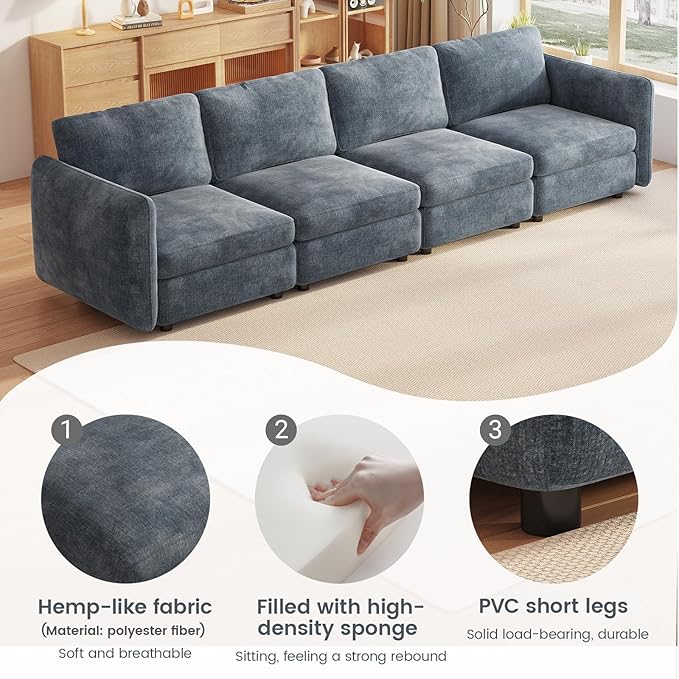 Guyii 120 4 Seater Couch Sofa with Deep SeatsComfy Blue Sectional Sofa Modern Upholstered Modular Couch for Living Room Bedroom Apartment