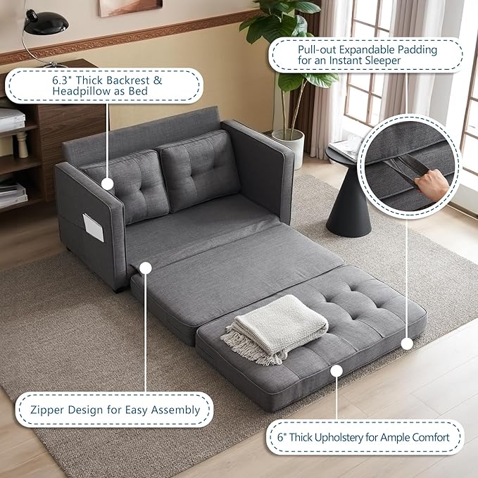 VINGLUpgraded Loveseat Sleeper 53.5W 83L Convertible Sofa Bed Couch Futon Couches for Living Room Twin Folding Couch Bed for Small Spaces Foldable Floor Gaming Sofa Bed for Basement Dark Grey