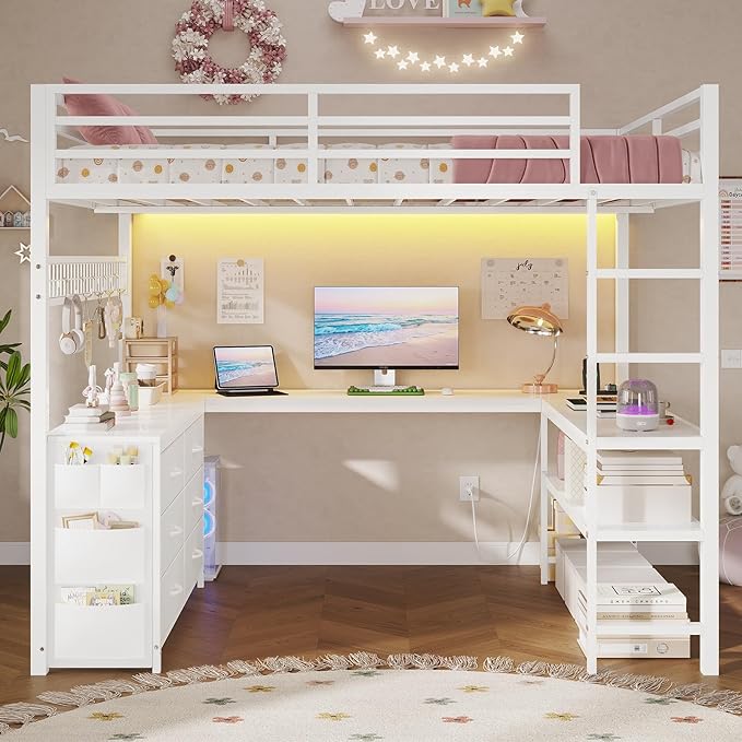 ADORNEVE Loft Bed Full Size with U-Shaped Desk 6 Storage Drawers Power Outlet LED Metal Loft Bed with 2 Storage Shelves Bed with Safety Guardrail &amp LaddersSpace-SavingWhite