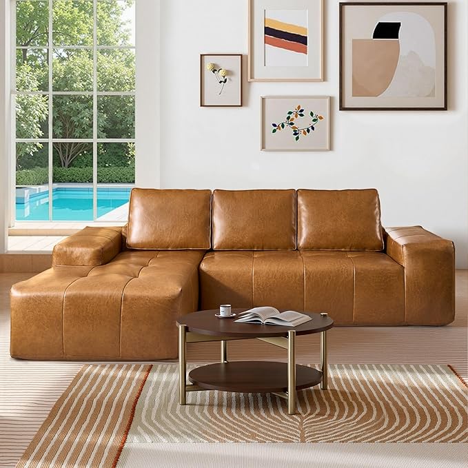 114 Leather Sectional Couch with Comfy Chaise Boneless L Shape Sofa with Deep Seat Minimalist Modular Couches Sleeper for Living Room LoungeBrown