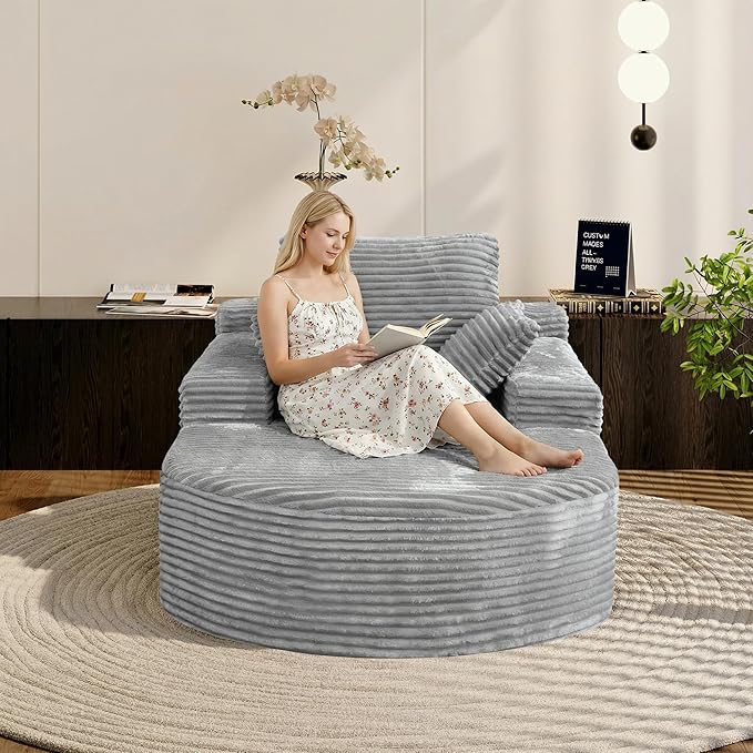Luxury Oversized D-Shape Couch Corduroy Recliner Sofa Chair No Assembly Required 67 Zero Gravity Lounge Chair Deep Seat for Living Room Bedroom Includes 3 Pillows Gray